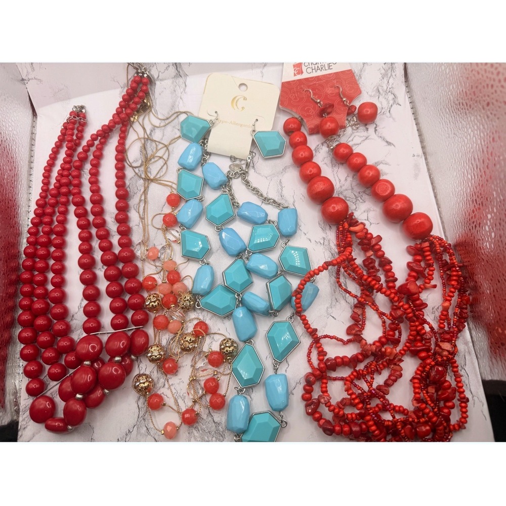 Charming Charlie Statement Necklace Lot 4 Red Turquoise Beaded Jewelry